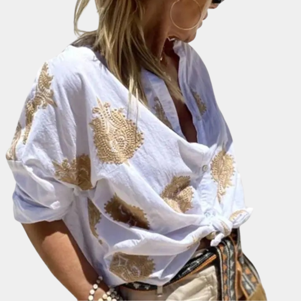 Blouse met Gouden Bladprint en Losvallende Pasvorm
