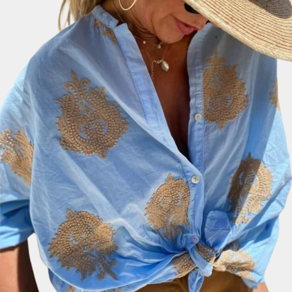 Blouse met Gouden Bladprint en Losvallende Pasvorm