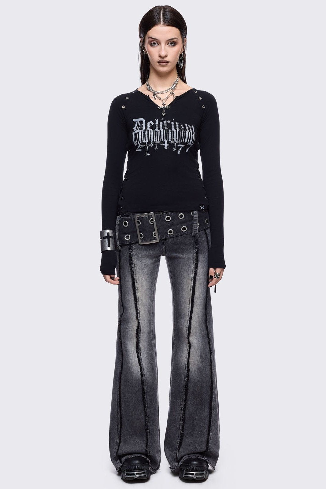 Gia Grey Belted Flared Jeans