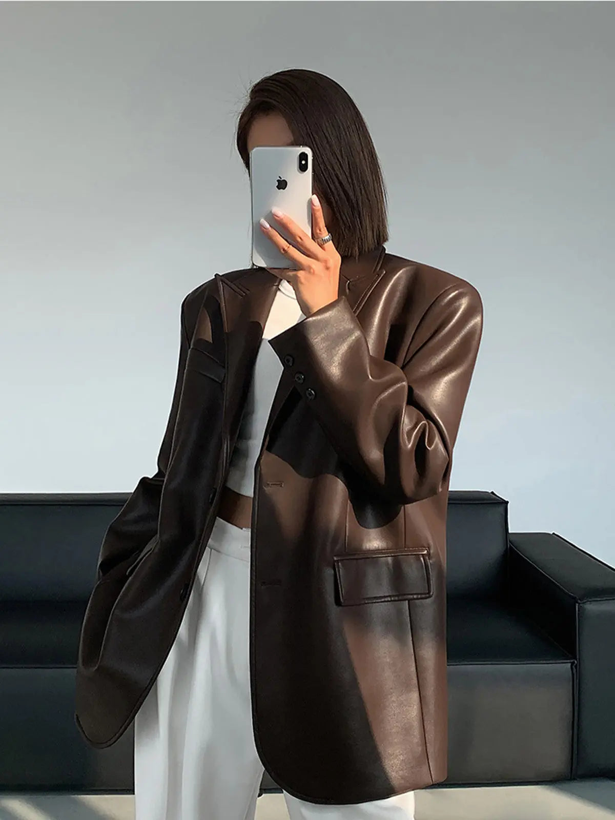 Sarah | Leren blazer met zakken en details