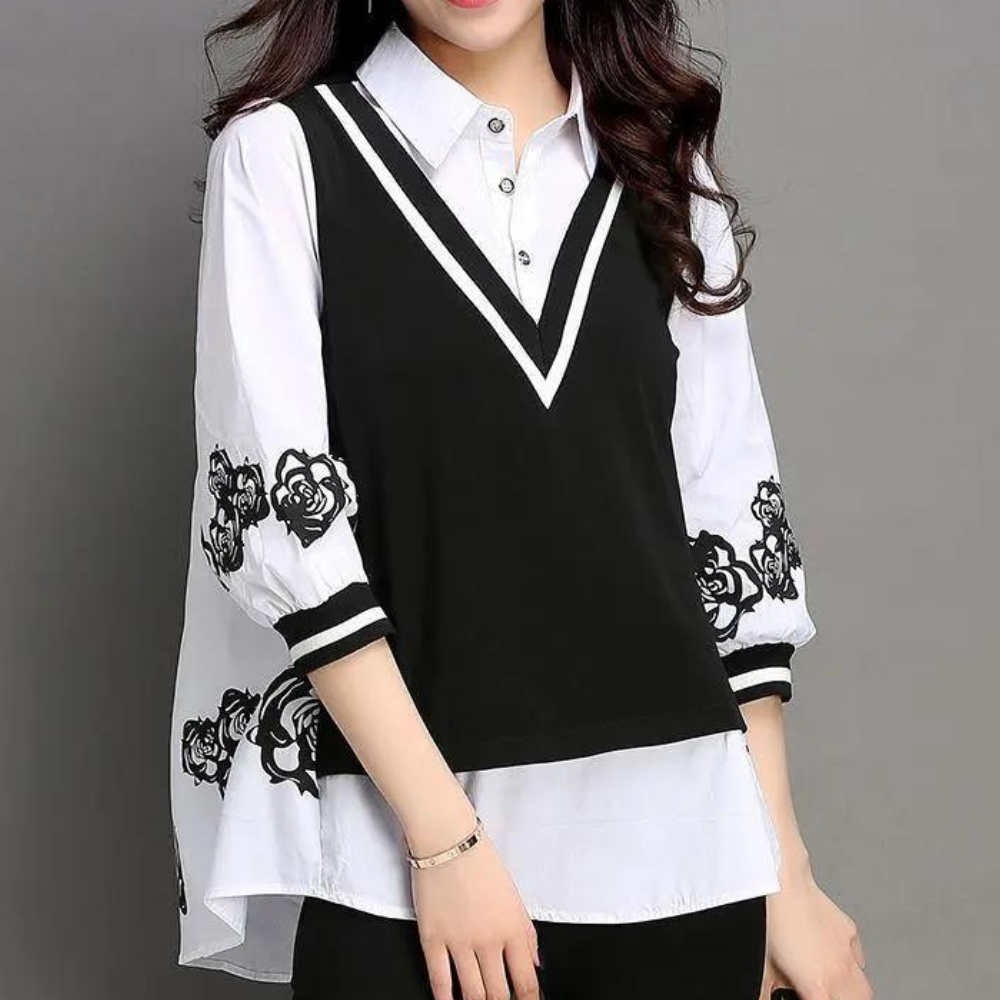 2 Delige Blouse en Vest Set met Contrast Design