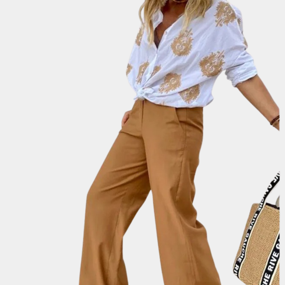 Blouse met Gouden Bladprint en Losvallende Pasvorm
