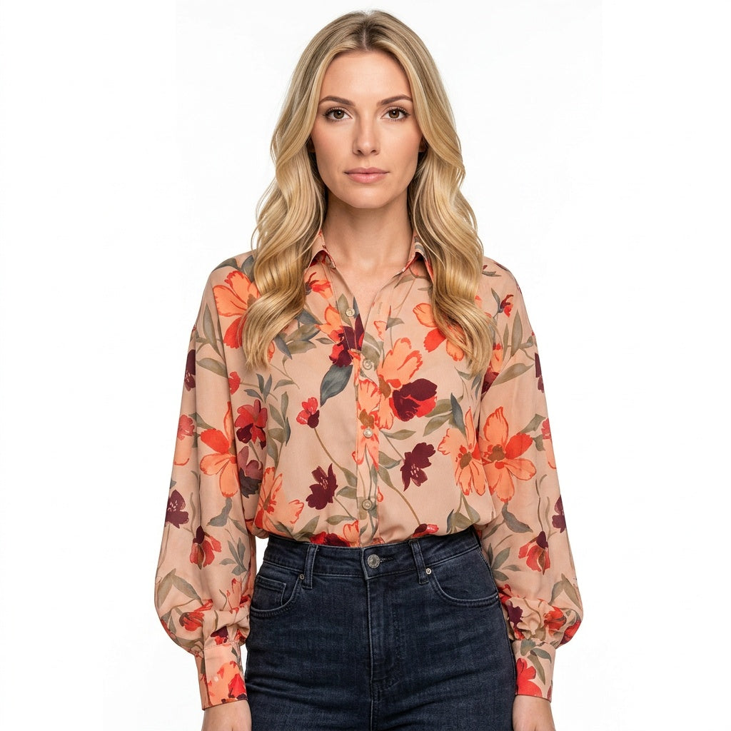 Bloemenprint Blouse met Transparante Mouwen