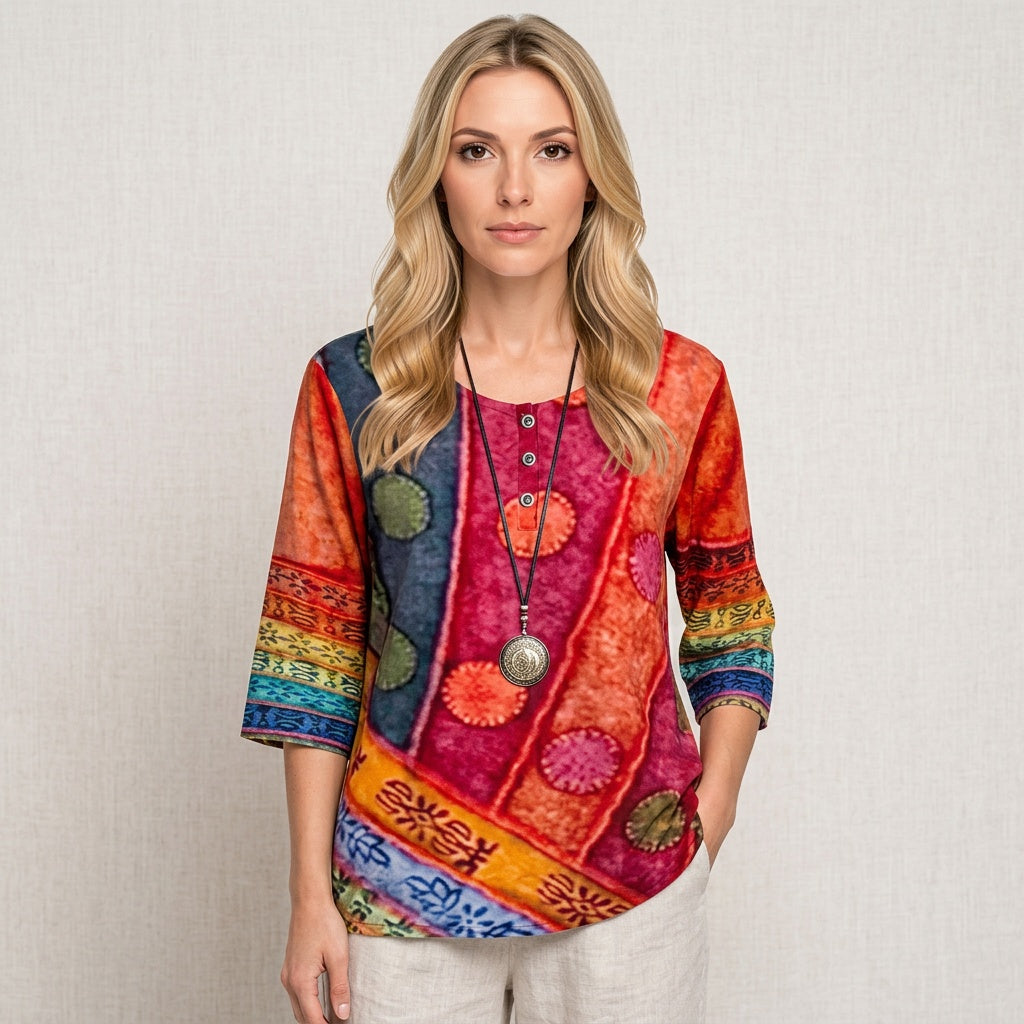 Artistieke Blouse met Patchwork Print en Losse Pasvorm